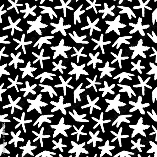 Seamless vector outline cartoon pattern of ocean sea stars or starfish. Doodle of Marine invertebrates with five arms  black white colors. Chalkboard or silhouette monochrome effect.
