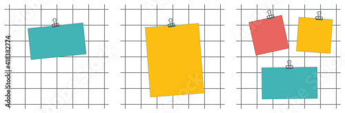 Set of Mood boards on white wall with one or three mockup pieces of paper of different sizes and binders for planning education inspiration memories text notes reminder message important announcement