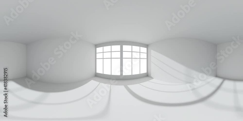 HDRI environment map of empty white room with white wall, floor, ceiling with sun light from window, colorless white 360 degrees spherical panorama form center of room 3d animation mock-up
