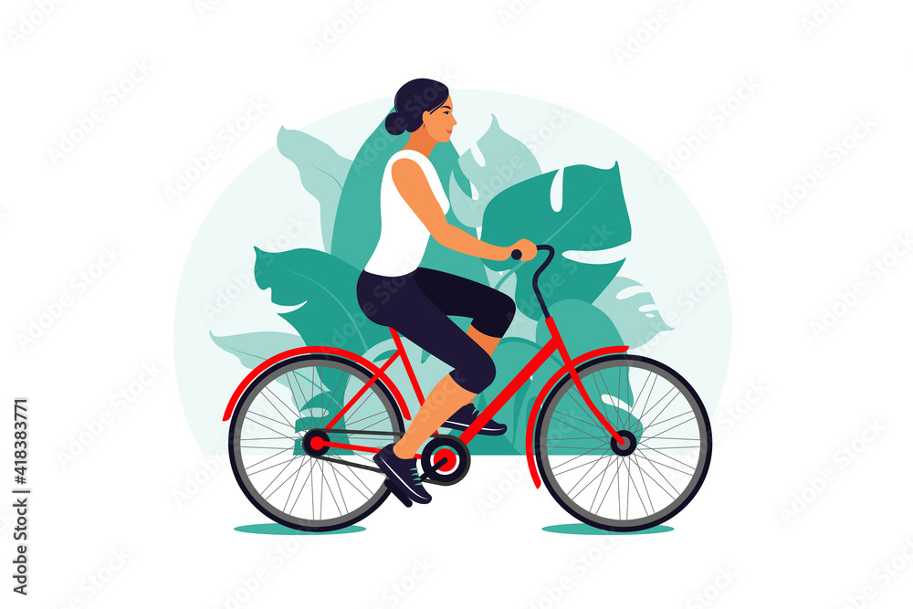 Obraz premium Woman on a bike in the park. Healthy lifestyle concept. Sport training. Fitness. Vector illustration. Flat.