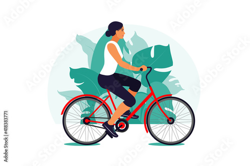 Fototapeta Naklejka Na Ścianę i Meble -  Woman on a bike in the park. Healthy lifestyle concept. Sport training. Fitness. Vector illustration. Flat.