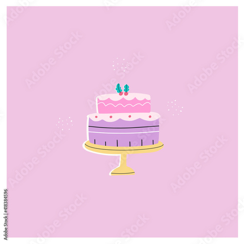 Vector illustration of birthday cake or pie with decorations. Colorful festive postcard. Hand drawn cartoon flat  style.
