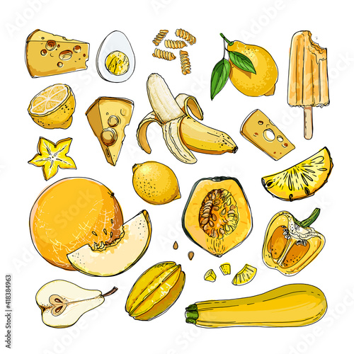 Yellow. Vector food. Colored vegetables and fruits on a white background. Pumpkin, banana, zucchini, pumpkin, paprika, ice cream, lemon, cheese, egg