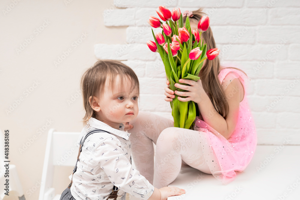 portrait of a boy and a girl. younger brother in a shirt, next to his older sister, in a pink dress, covering his face with a bouquet and pink tulips with a white gradient portrait of a boy and a girl. younger brother in a shirt, next to his older sister, in a pink dress, covering his face with a bouquet and pink tulips with a white gradient
