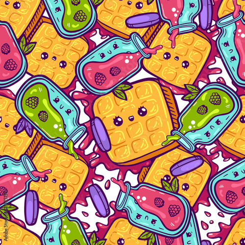 Kawaii colorful waffles and jam seamless pattern. Cartoon style doodle sweety character. Emotional face icon candy shop. Hand drawn illustration isolated on white background. Vector