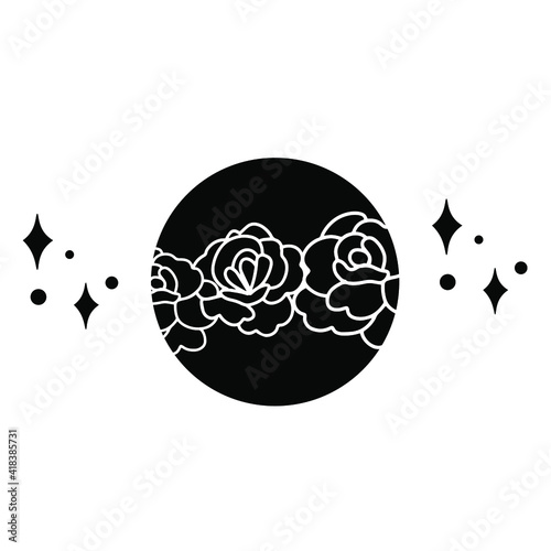 Fototapeta Naklejka Na Ścianę i Meble -  Celestial moon, celestial sun with wildflowers and stars. Linocut black and white line art graphic vector illustration. 