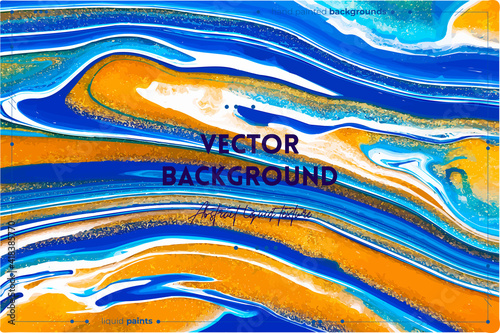 Fluid art texture. Background with abstract mixing paint effect. Liquid acrylic picture that flows and splashes. Mixed paints for baner or wallpaper. Blue, golden and white overflowing colors