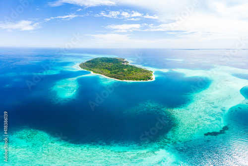 Aerial: exotic tropical island white sand beach away from it all, coral reef caribbean sea turquoise water. Indonesia Sumatra Banyak islands