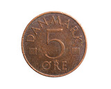Denmark five ore coin on a white isolated background