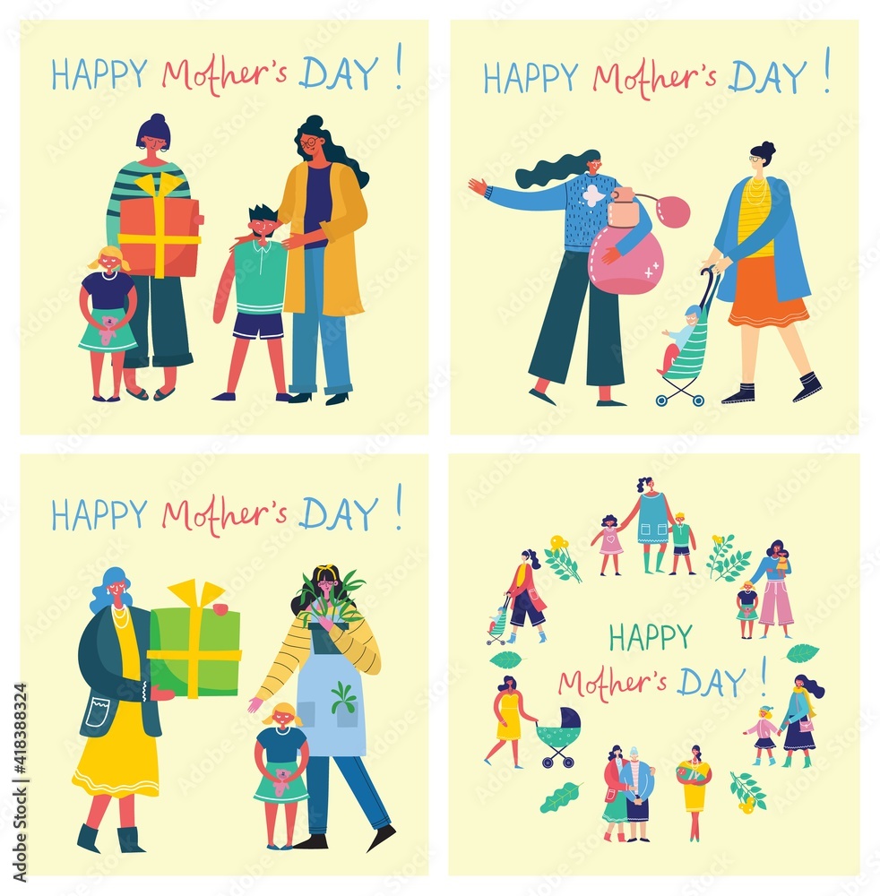 Colorful vector illustration concepts of Happy Mother's day . Mothers with the children for greeting cards, posters and backgrounds