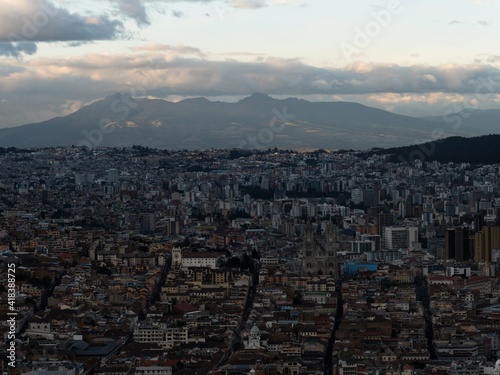 Aerial cityscape panorama of Quito skyline old historic centre modern architecture El Panecillo Ecuador South America photo