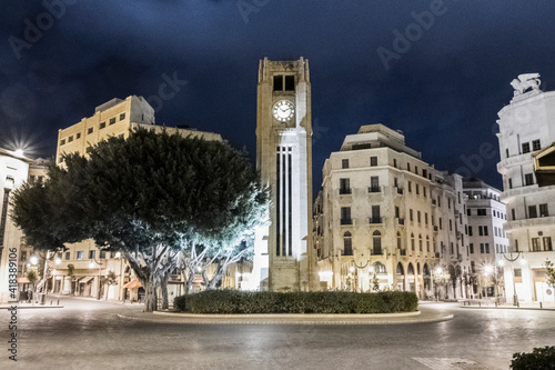 Clock tower in Nejmeh Square at night, Beirut, Lebanon photo