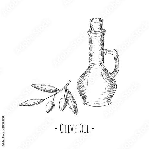 Olive oil bottle with olive branch. Vector illustration.