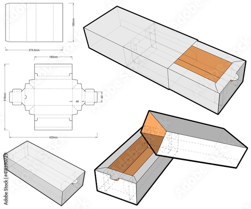 Cake Box (Internal measurement 18x 5+ 4.5 cm) and Die-cut Pattern. The .eps file is full scale and fully functional. Prepared for real cardboard production.