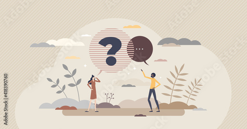 Question and answer with communication speech dialog tiny person concept