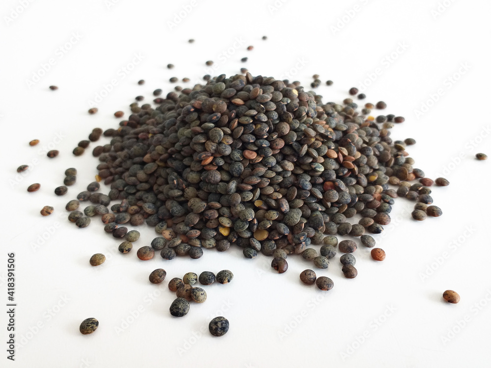 Bulk raw organic brown lentils on white background. Ripe grains of lentils Close up. Legumes and proteins concept. Healthy food pattern. Bulk raw organic brown lentils on white background. Ripe grains of lentils Close up. Legumes and proteins concept. Healthy food pattern.