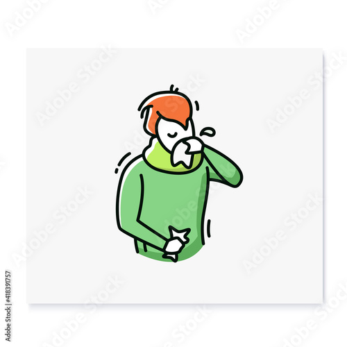 Runny nose color icon.Common cold.Flu infection and influenza symptoms Character blowing his nose in a handkerchief.Health problem. Allergy.Isolated vector illustration