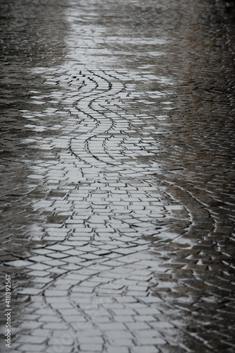 Rain on a cobblestone pavement