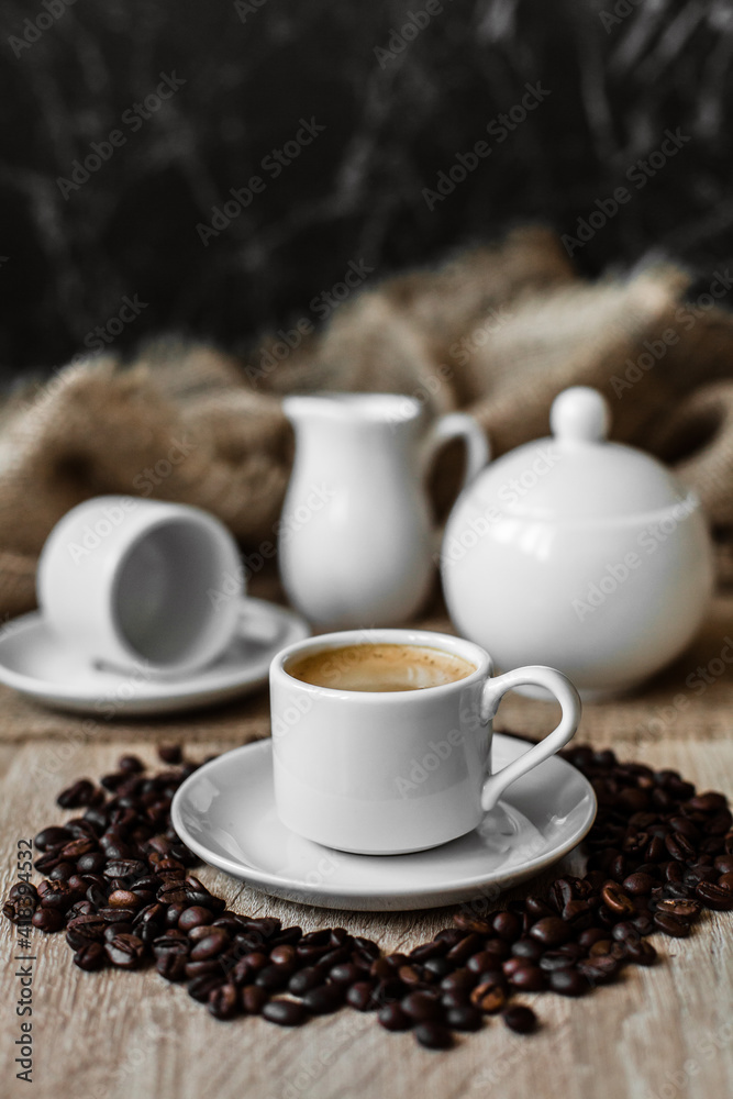 Fototapeta premium white cups, coffee beans, espresso