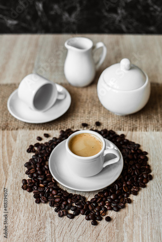 white cups, coffee beans, espresso