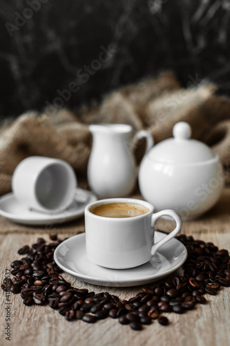 white cups, coffee beans, espresso