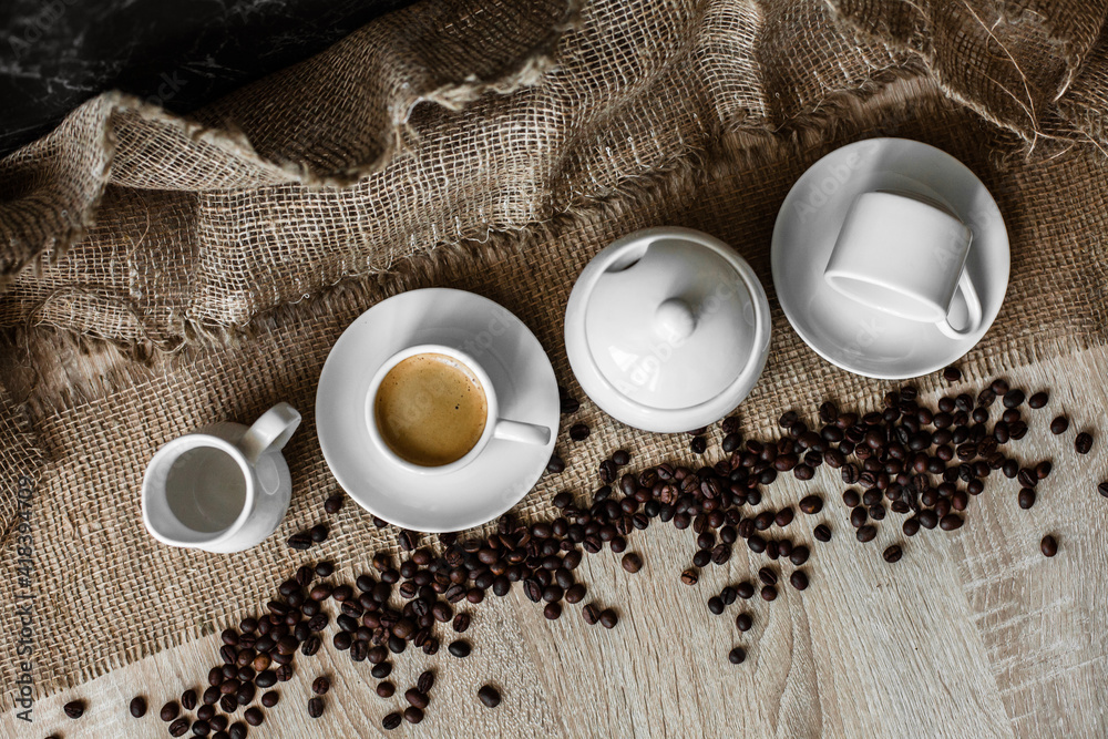 white cup, coffee beans, espresso, dark background white cup, coffee beans, espresso, dark background