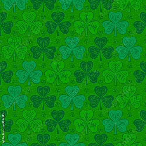 Green Patrick s Day background with decorative painted clover. Patrick s Day design. Seamless Pattern. Can be used for wallpaper  web  scrap booking  vector illustration.