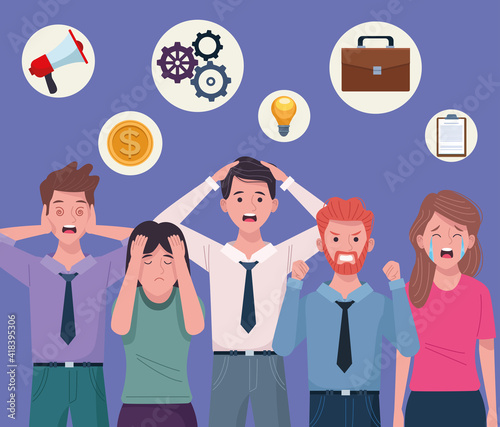 business people extressed with information overload icons