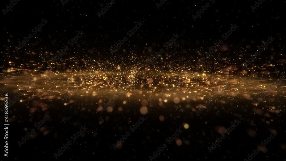 Golden particles explosion. Bokeh lights. Explode gold dust. Xmas background. New Year 2022. 3d rendering