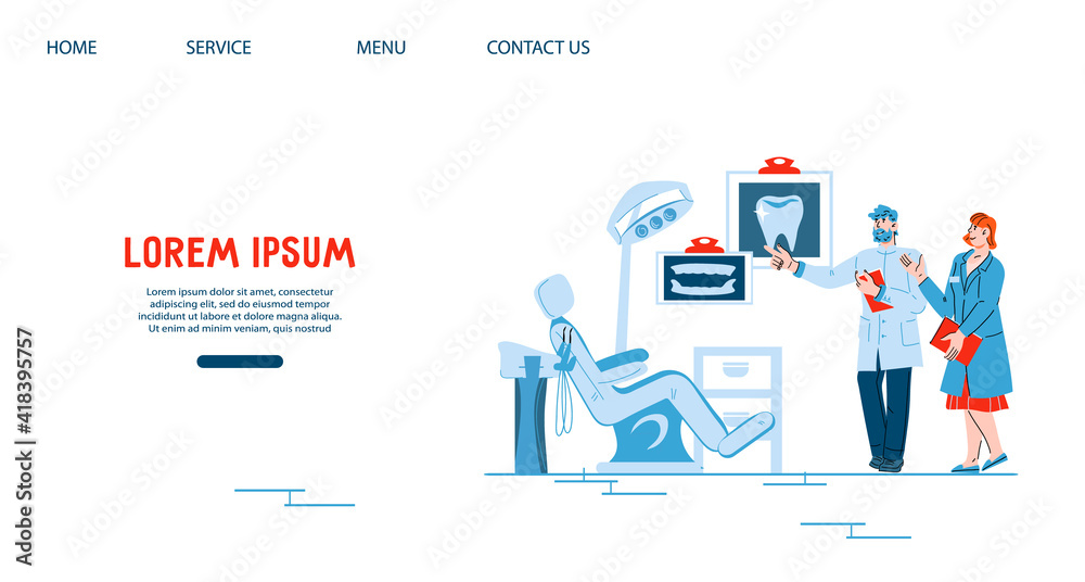 Website page template for dental clinic with friendly dentists, cartoon vector illustration. Web banner or landing page design for dentistry and oral care office. Website page template for dental clinic with friendly dentists, cartoon vector illustration. Web banner or landing page design for dentistry and oral care office.