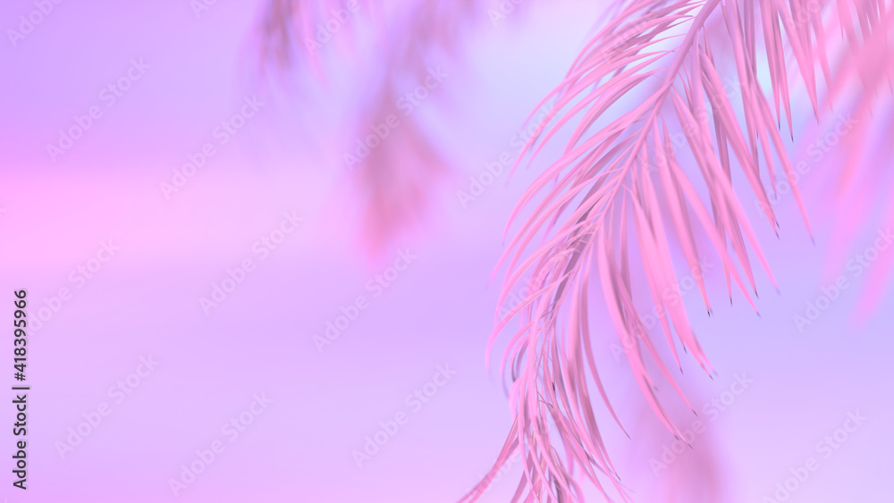 Fototapeta premium Pink palm tree. Soft violet sky. Susnet background. 3D rendering 