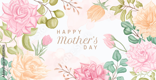 Happy mother's day greeting card design with watercolor flower background