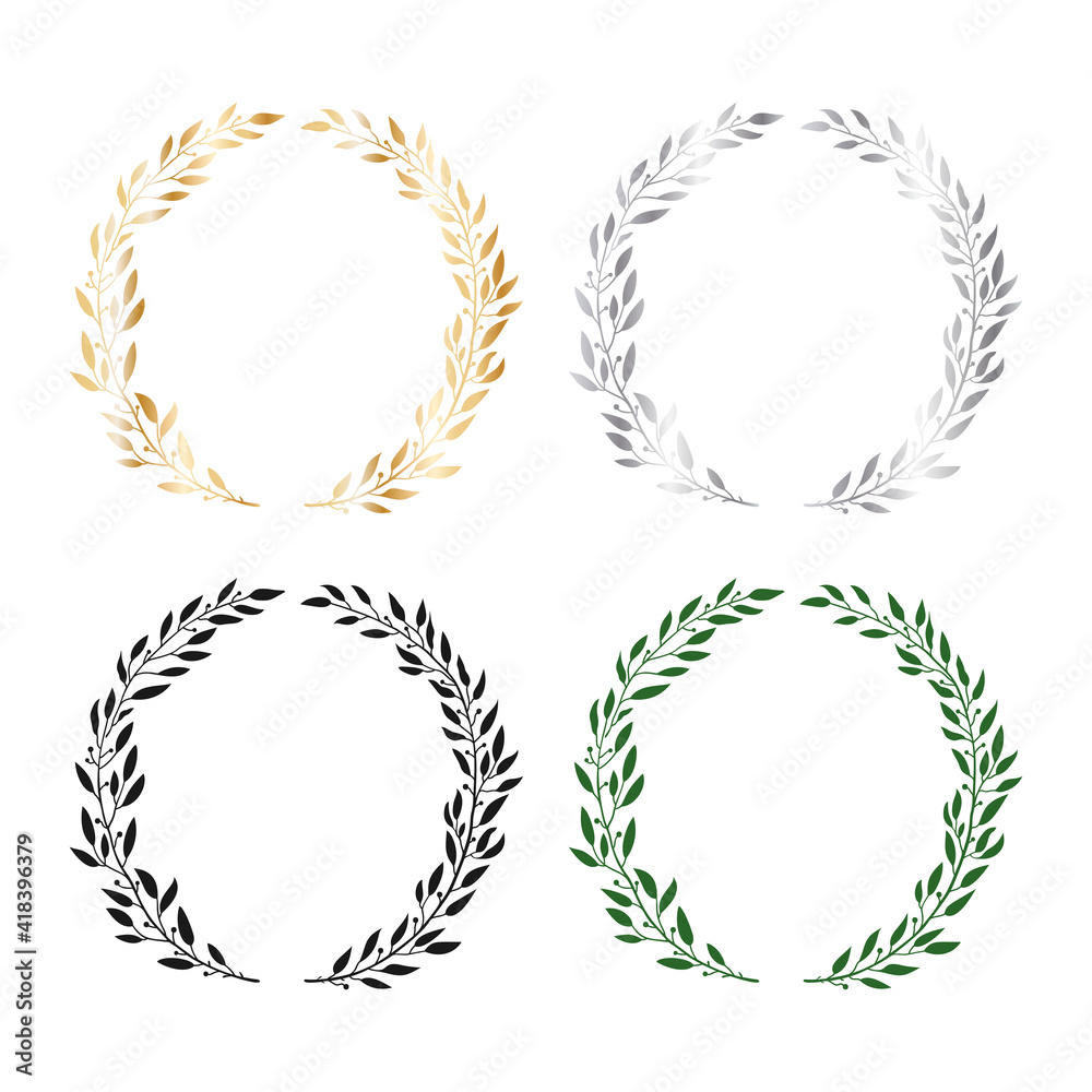 Set of laurel black, gold, silver and green, wreaths. Leaves and branches in the form of a circle. Hand drawn vector illustration for design.