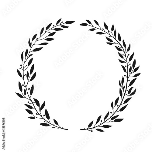 Fototapeta Naklejka Na Ścianę i Meble -  Laurel black wreath. Leaves and branches in the form of a circle. Hand drawn vector illustration for design.
