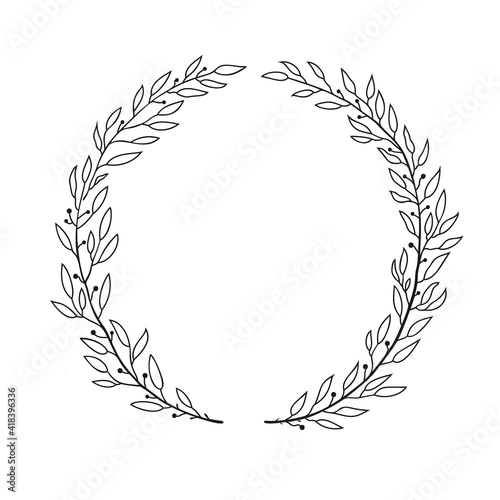 Fototapeta Naklejka Na Ścianę i Meble -  Laurel black wreath. Leaves and branches in the form of a circle. Hand drawn vector illustration for design. Outline style