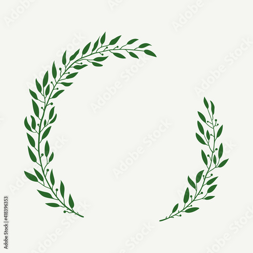Laurel green wreath. Leaves and branches in the form of a circle. Hand drawn vector illustration for design.