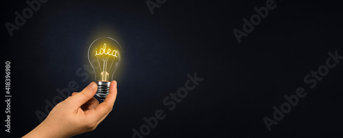 holding the bright lamp with the idea in the hand. idea and innovation concept