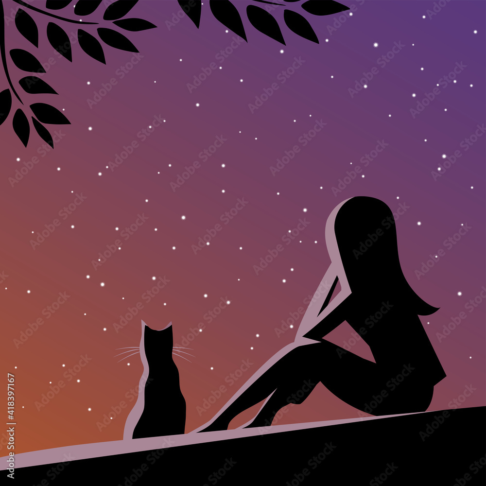 Silhouette of a girl and cat against the background of a beautiful night sky with stars. Sits and reflects. Vector cartoon illustration
