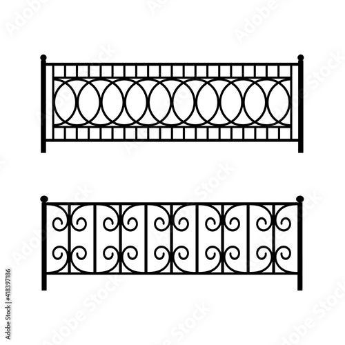 Patterned metal fence for a city street. Isolated black objects on a white background. Vector flat illustration for design.