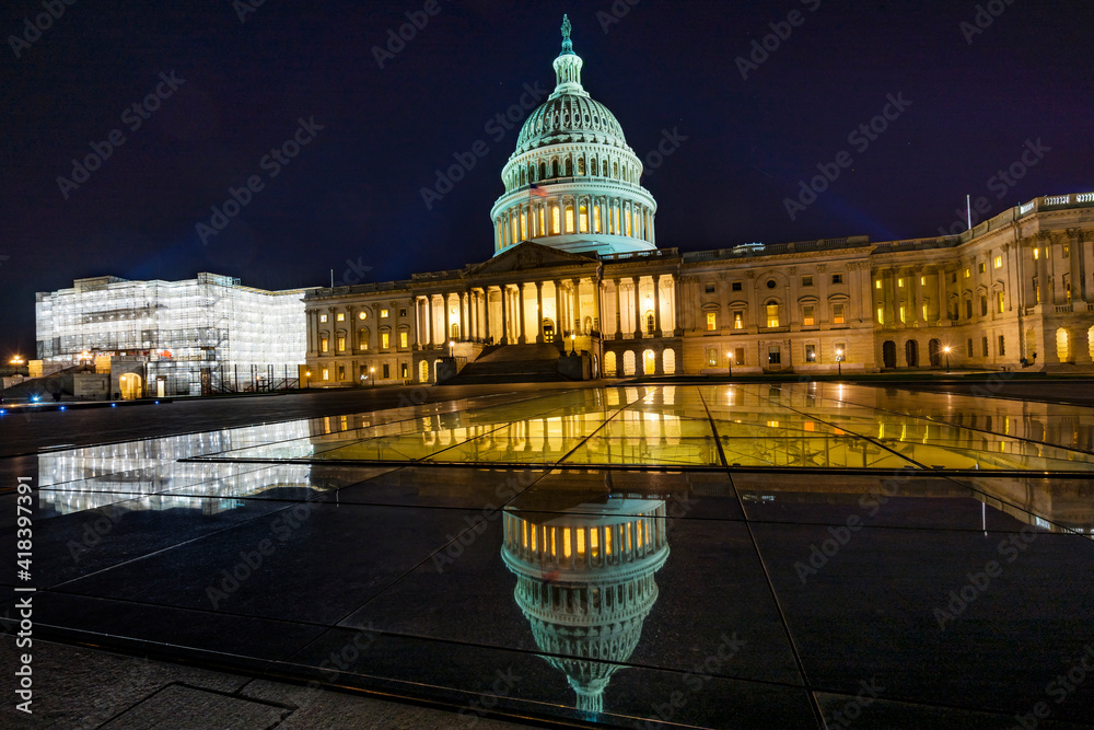 Reflection of US Capitol, Washington DC, USA.