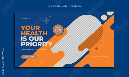 Medical healthcare service promotion web banner & video thumbnail template. Health business marketing banner for hospital, clinic, doctor & dentist. Online advertisement cover design with logo & icon