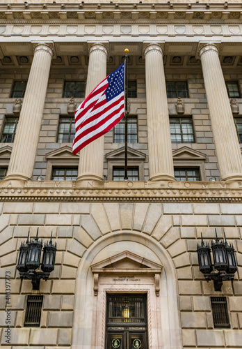 Main entrance to Herbert Hoover Building, Commerce Department, 14th Street, Washington DC, USA.