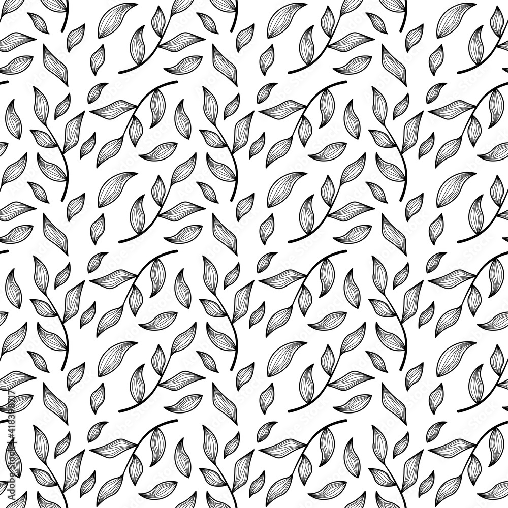 Fototapeta premium Black leaf pattern in line style with white background.