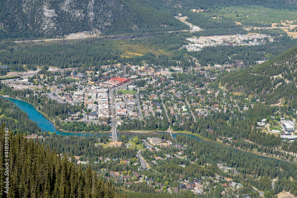 Aerial view of Town of Banff in summer time. Banff National Park, Canadian Rockies, Alberta, Canada.