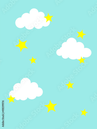 Blue background for children in the form of the sky. With white clouds and yellow stars in cartoon style.