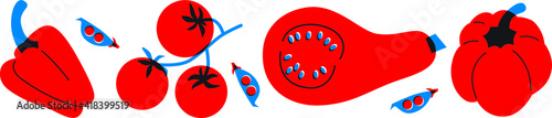 Vegetables pumpkin, pepper, tomato cartoon flat style. Abstract set vegetables for your design. Can be use for restaurants menu, cover, packaging. Horizontal banner veggies set.