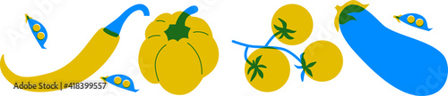 Vegetables set abstract vector illustration. Cartoon flat style. Pepper, tomato, eggplant. Yellow, blue set abstract vegetables.