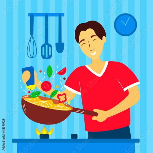 Positive asian man cooks in the kitchen. Smiling guy salts food in a wok pan. Husband's household chores. Concept of home prepare dish, dinner on the kitchen. Flat vector illustration in cartoon style