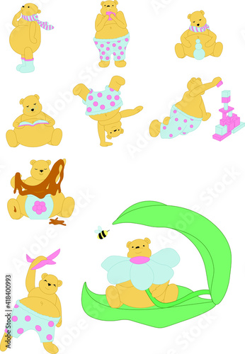 Group of illustrations of a cute bear. Bear doing different things  eating honey  play with airplane and other. Main colors  blue  pink and brown. Vector illustration.