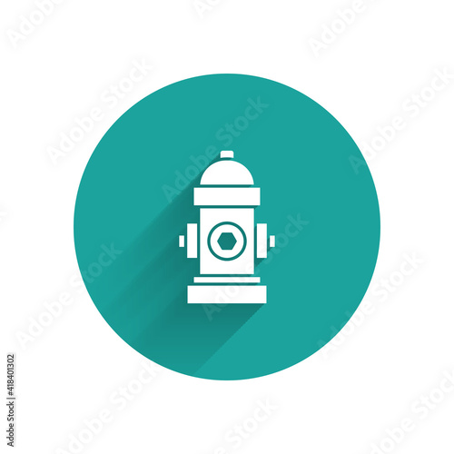 White Fire hydrant icon isolated with long shadow. Green circle button. Vector.